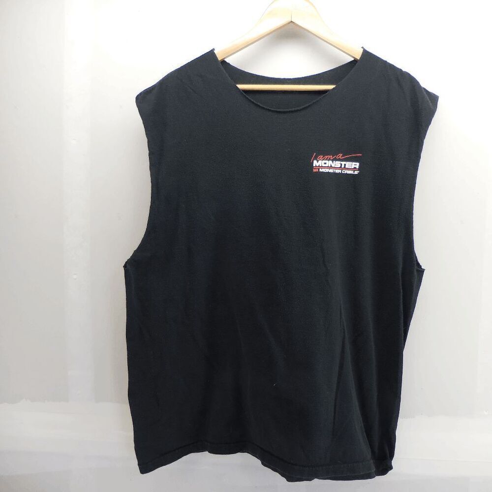 Monster Cable Vintage Shirt Cut off Collar and Sleeves Mens Large Black
